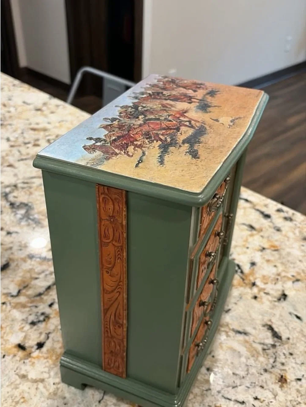 Hand-Painted Green and Tan Western Jewelry Cabinet with Glass Door